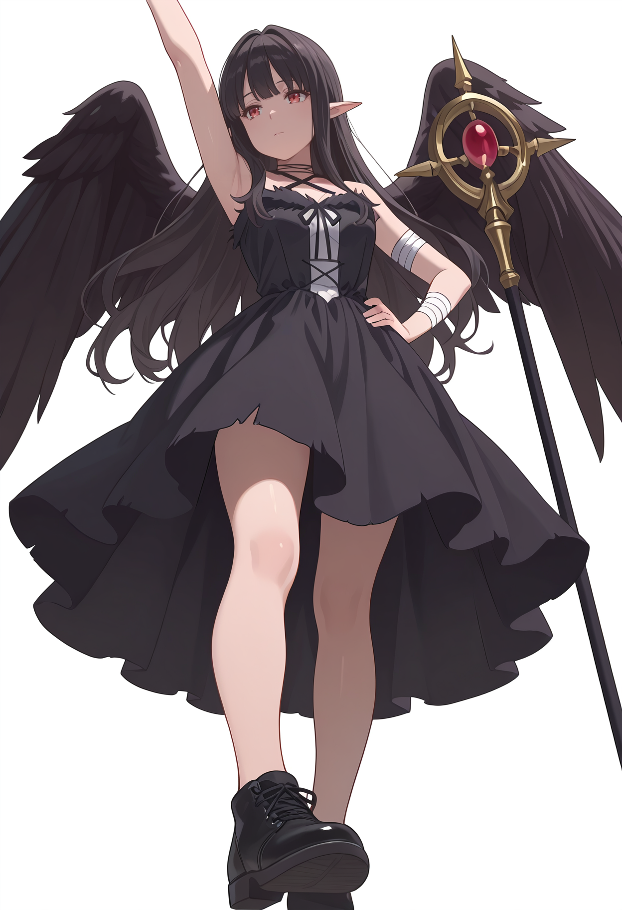 Smooth Quality,masterpiece,very intricate, high quality details, ultra realistic, high detailed skin,detailed enviorement,absurdres,
simple background, white background,
from below,depressed,stretching, one arm raised, other on hip, slight side bend, relaxed body,  ,
{sword| staff}
 <lora:Reese_evecnn:0.8>evecnn,1girl, long hair, black hair, red eyes, pointy ears, bangs, black dress, sleeveless dress, halterneck, criss-cross halter, choker, shoes, black footwear, black wings, feathered wings, bandages,