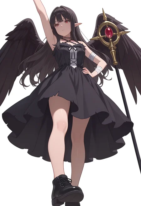 Smooth Quality,masterpiece,very intricate, high quality details, ultra realistic, high detailed skin,detailed enviorement,absurdres,
simple background, white background,
from below,depressed,stretching, one arm raised, other on hip, slight side bend, relaxed body,  ,
{sword| staff}
 <lora:Reese_evecnn:0.8>evecnn,1girl, long hair, black hair, red eyes, pointy ears, bangs, black dress, sleeveless dress, halterneck, criss-cross halter, choker, shoes, black footwear, black wings, feathered wings, bandages,