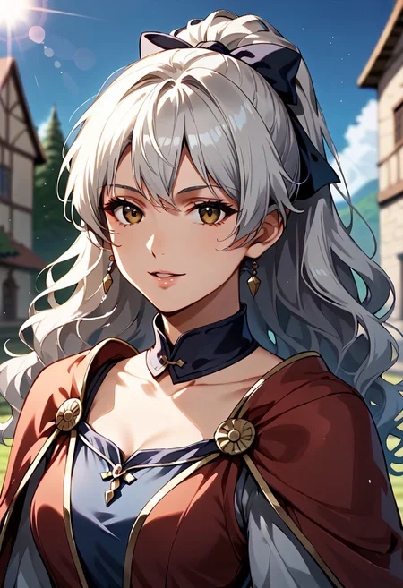 Sabrina, 1girl, solo, 31yo, silver hair, wavy hair, long hair, bangs, brown eyes, slant eyes, medieval outfits, light particles, lens-flare, cinematic lighting, depth of field, (sharp edge), blue sky, outdoors, gently smile, ponytail, hair ribbon, parted lips,
score_9, score_8_up, score_7_up, perfect hand,