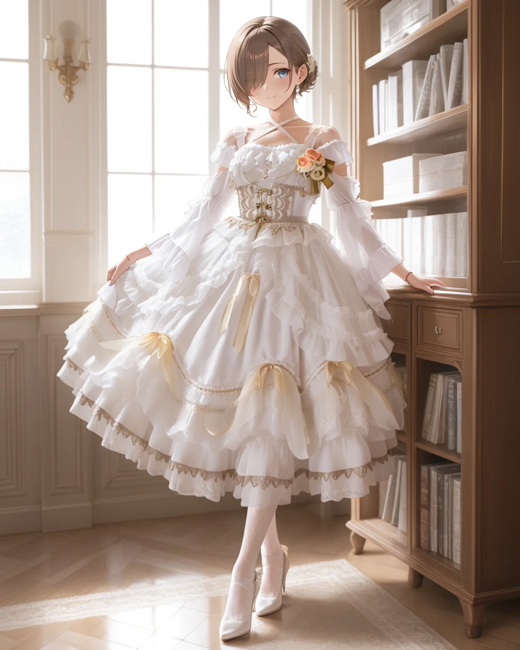 Positive: Masterpiece, best quality, amazing quality, very aesthetic, high resolution, ultra-detailed, absurdres,
1girl, solo,
brown hair,short hair,blue eyes,
hair over one eye,
white off-shoulder lace ruffled dress,
white dress,white off-shoulder,lace,frills,
criss-cross halter,
corsage,jewelry,
long sleeves,detached sleeves,
white pumps,white lace pantyhose,
standing,Sunlight, windows, bookcase,