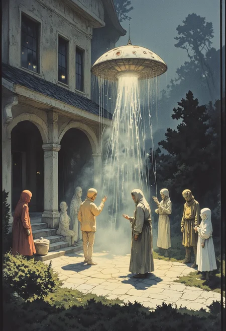live action found footage, old photo, An 8mm film reel uncovered in an attic, featuring a backyard gathering where a 'UFO landing' is staged with crude, robotic aliens that descend from a handmade spacecraft. The footage includes shaky camera work and genuine reactions from the neighborhood kids, some terrified and others clearly amused.
