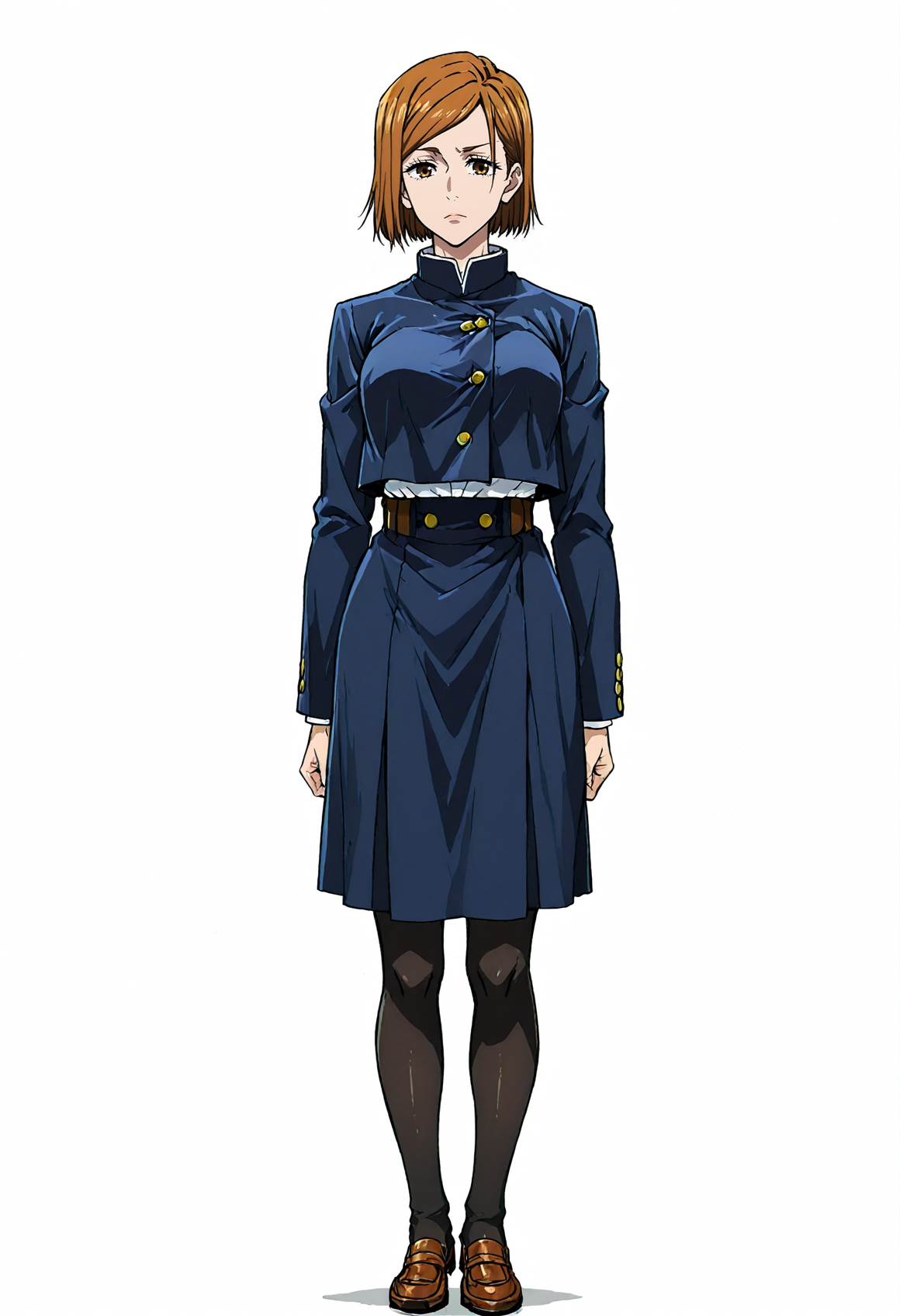 score_9,score_8_up,score_7_up,score_6_up BREAK source_anime,rating_explicit,masterpiece,best quality,detailed background, <lora:hyperSD8:1>,
<lora:standingAtAttention:0.8> standing at attention, arms at side,  <lora:KUGISAKI_NOBARA_CULTY:0.8>  1girl, kugisaki nobara, brown hair, brown eyes,  expressionless, wide shot, simple background, white background, full body, black legwear,