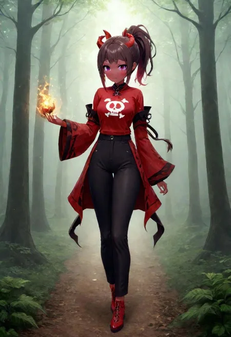 dark brown pants, highres,best quality,ponytail, full body,short height,happy,(purple eyes),photograph,realistic lighting,cute face,1girl,red tips on hair,red skin, fantasy world,in the forest, warlock,demon horns,skull logo, DonMD3m0nXL,red skin, yellow eyes, anime style,