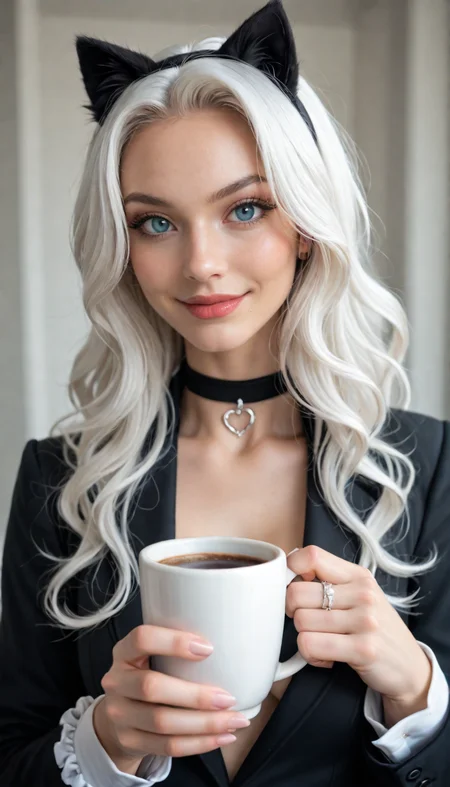 score_9, score_8_up, score_7_up, Portrait, Felicia Hardy, cute, seductive, innocent, light smile, plump lips, slender body, long luminous neon white hair, wavy hair, in high detailed Black Cat suit, tight black suit with white accents, gloves of her costume form retractable claws at the fingertips, sipping a cup of coffee, depth of field, dynamic angle, photo realistic:1.4, realistic skin:1.4, fashion photography, sharp, analog film grain