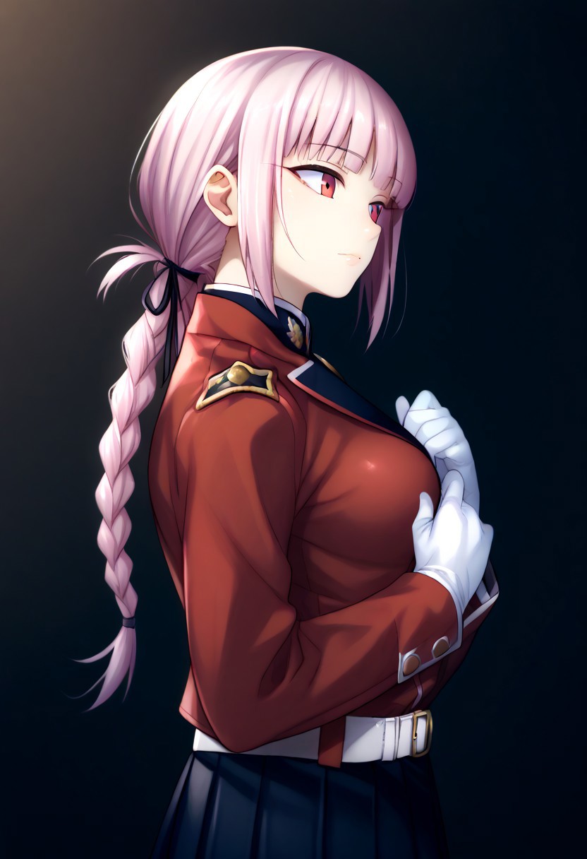 (zPDXL3), 
(zPDXLxxx), 
1girl, 
solo,
nightingale, red eyes, light pink hair, long hair, blunt bangs, braid, low hair ring, black ribbon, hair ribbon,
military uniform, red jacket, belt, white gloves, black skirt, pleated skirt, white pantyhose, white knee boots,
side view, 
bust up,