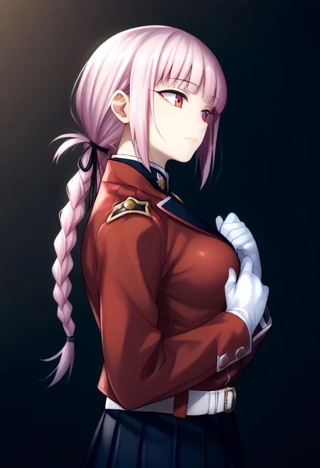 (zPDXL3), 
(zPDXLxxx), 
1girl, 
solo,
nightingale, red eyes, light pink hair, long hair, blunt bangs, braid, low hair ring, black ribbon, hair ribbon,
military uniform, red jacket, belt, white gloves, black skirt, pleated skirt, white pantyhose, white knee boots,
side view, 
bust up,