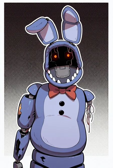 looking at viewer, expressive,   posing,    , < <lora:withbonnie-06:1> withbon, ((missing arm, amputated arm, wires ))no humans, rabbit ears,, robot, masterpiece, best quality, amazing quality, very aesthetic, absurdres, newest,, upper body, halftone effect, white borders, abstract background:1.2,