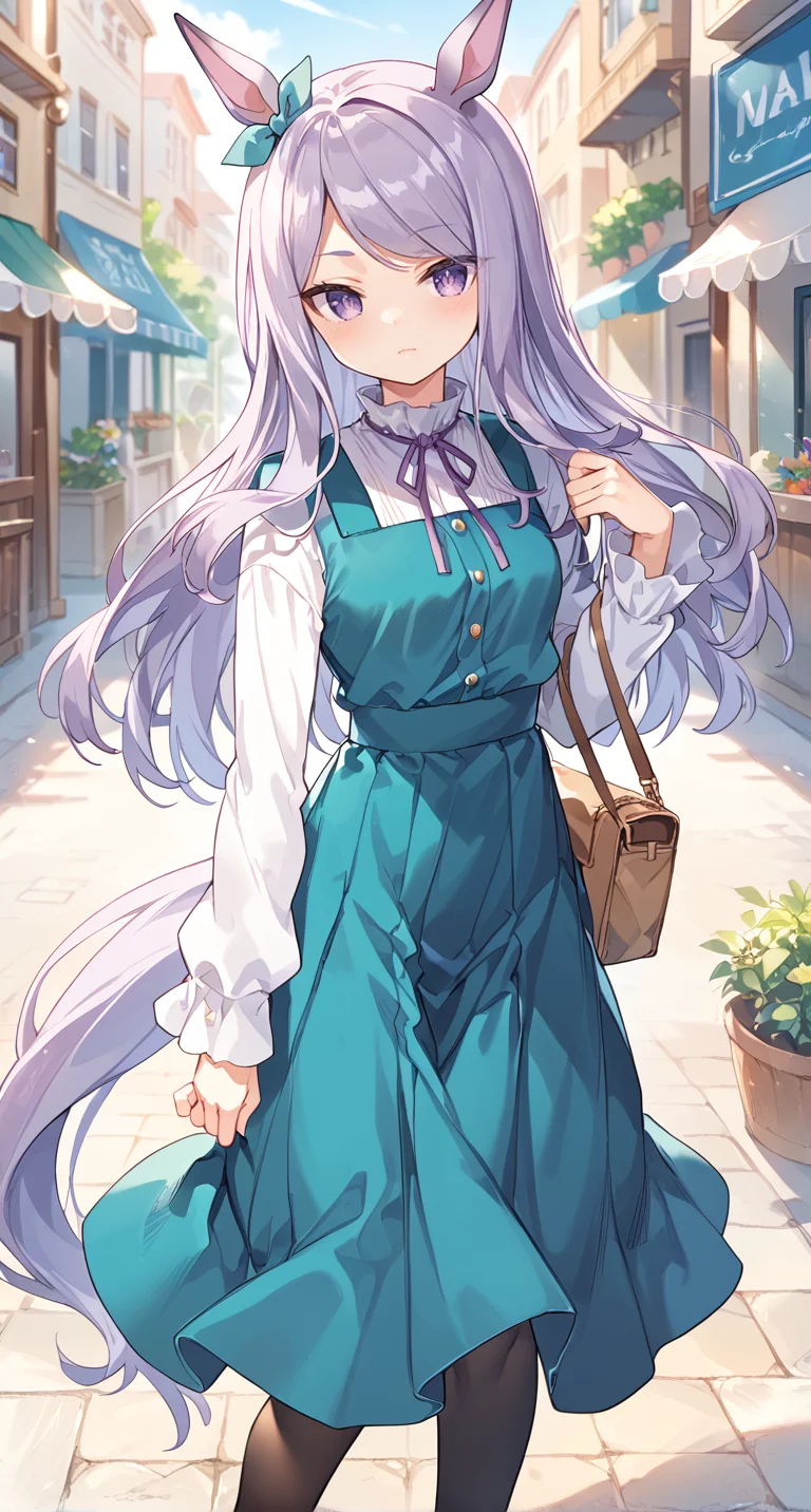 score_9,score_8_up,score_7_up,
official art,official style,game cg,megami magazine,
1girl,
mjm casual,mejiro mcqueen (umamusume),
animal ears,aqua dress,blue dress,green dress,dress,
highres,horse girl,purple hair,ribbon,shirt,tail,violet eyes,
white shirt,blush,ear ribbon,eyebrows visible through hair,eyes visible through hair,
long hair,long sleeves,neck ribbon,horse ears,horse tail,pinafore dress,black pantyhose,
purple eyes,swept bangs,purple ribbon,bangs,casual,green ribbon,pleated dress,alternate costume,
long dress,
standing,
<lora:umamusume_mejiro_mcqueen_pony_v1:1>,