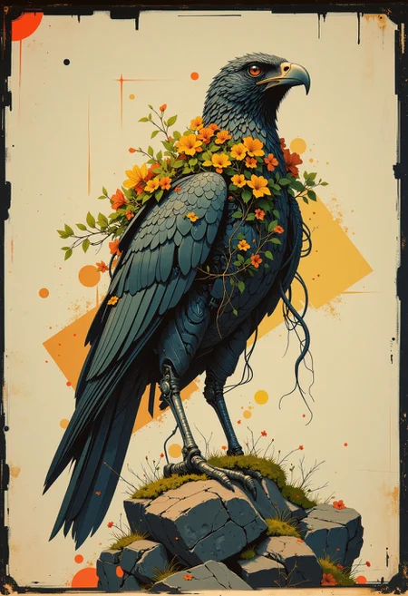 A faded Polaroid photo of a artificial gigantic mechanical merlin bird, surrounded by vibrant honeysuckle, an ancient mechanical guardian, dilapidated and abandoned, broken down and derelict, reclaimed by nature, with twisted vines and moss creeping through it. An abstract geometric gradient dapples the simple background. Special Ink-drawing mode, soft brushwork, evoking an analog, old, and worn aesthetic, captured on Ilford HP5 Plus film, with bright studio lighting. <lora:FLUX_fantasy_Styler_2_64:0.8>