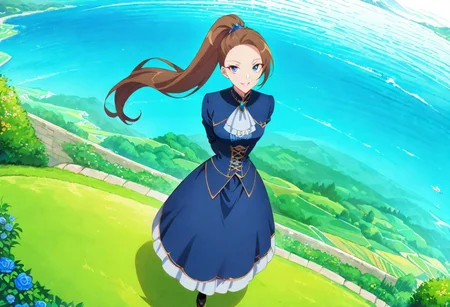 masterpiece, best quality, 1girl, outdoors, looking at viewer, solo, highres, brown hair, long hair, ponytail, blue eyes,
(Katarina Claes, wear blue original Victorian dress :1.0), dynamic pose, at beautiful garden , seductive smile, detailed eyes, best quality, full body shot, landscape ,
dynamic Camera angle, random Camera angle,
score_9, score_8_up, score_7_up, rating_explicit, epiCPhoto, sharp avn award winning photo, ultrasharp, artistic photoshoot, masterpiece, best quality, detailed painting,