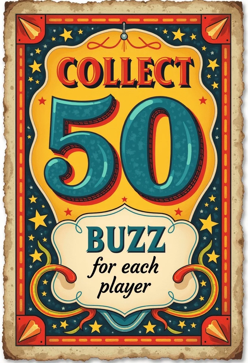 vintage Monopoly Chance card, (collect 50 buzz:1.5) from each player, colorful design, playful typography, classic board game style, (vibrant colors:1.2), detailed illustrations, nostalgic feel, high detail, whimsical, retro aesthetic.