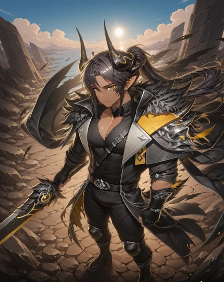 masterpiece, amazing quality, best quality, absurdres, very aesthetic,
1boy, solo, yaoi, male focus, full body, from above, standing, looking at viewer, face focus,
<lora:Sol_FSI_ilxl:1> solfsi, dragon horns, long hair, pointy ears, dragon boy , dark skin, black hair, ponytail, dark-skinned male, yellow eyes,
black gloves, fingerless gloves, pectoral cleavage, black shirt, torn clothes, cape, coat,
boots,black pants,knee pads, belt, rock, black footwear,
holding weapon, sword,
outdoors, day, blue sky, sun,