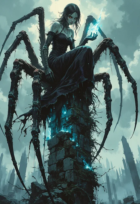 a dark fantasy spider-lady perches atop a web of glistening black silk, her form both elegant and grotesque. Her humanoid torso exudes an ethereal beauty, with pale, porcelain skin etched with intricate, glowing runes in hues of deep violet and sickly green. Her eight spindly, chitinous legs extend outward, their razor-sharp tips gleaming as they clutch the jagged edges of an ancient stone spire engulfed in creeping ivy.
Her eyes, a haunting mix of gold and pitch-black, radiate a mournful,
other hand clutches a glowing crystal shard, pulsating with forbidden power. Below her, a desolate battlefield stretches endlessly, littered with broken weapons and twisted remains, illuminated by eerie, ghostly blue flames. The heavy fog swirls around her spire, amplifying her looming, otherworldly presence as she stares down like a tragic predator caught between vengeance and despair.