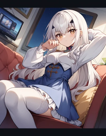 score_9, score_8_up, score_7_up, source_anime, <lora:fgo-melusine-ponyxl-lora-nochekaiser:1>, melusine, brown eyes, long hair, white hair, sidelocks,, blue dress, dress, frills, long sleeves, thighhighs, thighs, white thighhighs,, living room, television, couch, popcorn, watching movie, night time, sitting,, , looking at viewer, arm raised above head, solo,, cowboy shot, dutch angle