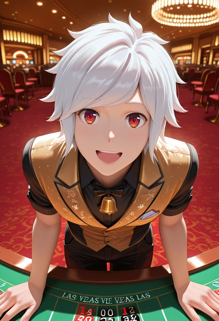 masterpiece, best quality, intricate details, (photorealistic:0.6), , 1boy, solo, male focus, <lora:bell_cranel_ilxl:0.98>, bell_cranel, white hair, red eyes, short hair, from above, las vegas, casino, indoors, light, leaning forward, :D,