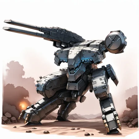 mgrex, mechanical legs, railgun, robot, no humans, gun, glowing, bipedal war machine, military vehicle, heavy armor, science fiction, mecha, military sci-fi, instrument, solo, advanced sensors, weapon, industrial design,