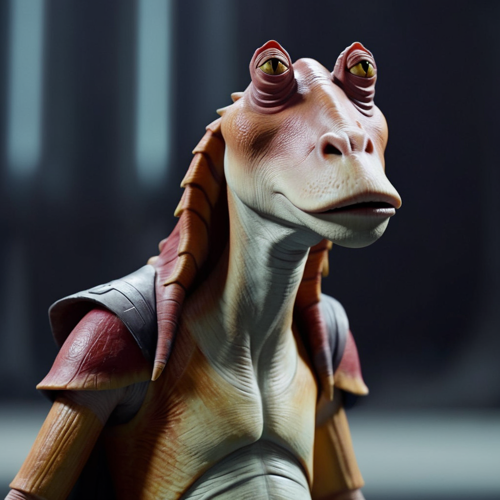 cinematic film still of  <lora:Jar Jar Binks :1>
Jar Jar Binks a cartoon character is posed on a gray surface in star wars universe, shallow depth of field, vignette, highly detailed, high budget, bokeh, cinemascope, moody, epic, gorgeous, film grain, grainy