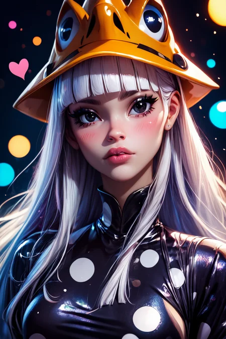 score_9, score_8_up, score_8, medium breasts, (curvy), cute, eyelashes, BREAK, , zzEruka, black eyes, white hair, blunt bangs, long hair, orange hat, polka dot dress, black dress, black sleeves, pantyhose, <lora:ErukaFrog_SoulEater_PDXL_v2:1.0>, , BREAK, (ultra realistic,32k, masterpiece:1.2),(high detailed skin:1.1),( high quality:1.1), curvy, head tilt, hearts, blush, lips, closed mouth, curvy, head tilt, shiny clothes, (upper body), looking at viewer, bokeh, luminescent background, ,,, embedding:zPDXL, Expressiveh, ,,, <lora:RlAnmPDXL:1.0>,