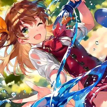 <lora:pony_xl_aina:0.9>,aina,score_9,score_8_up,score_7_up,source_anime,best quality,masterpiece,super fine illustration,1girl,solo,school uniform,vest,white shirt,collared shirt,red bow,red skirt,pleated skirt,looking_at_viewer,smile,;d,open mouth,one eye closed,water,splashing,hose,swimming pool,soaked,wet_hair,transparent clothes,shiny hair,shiny skin,
