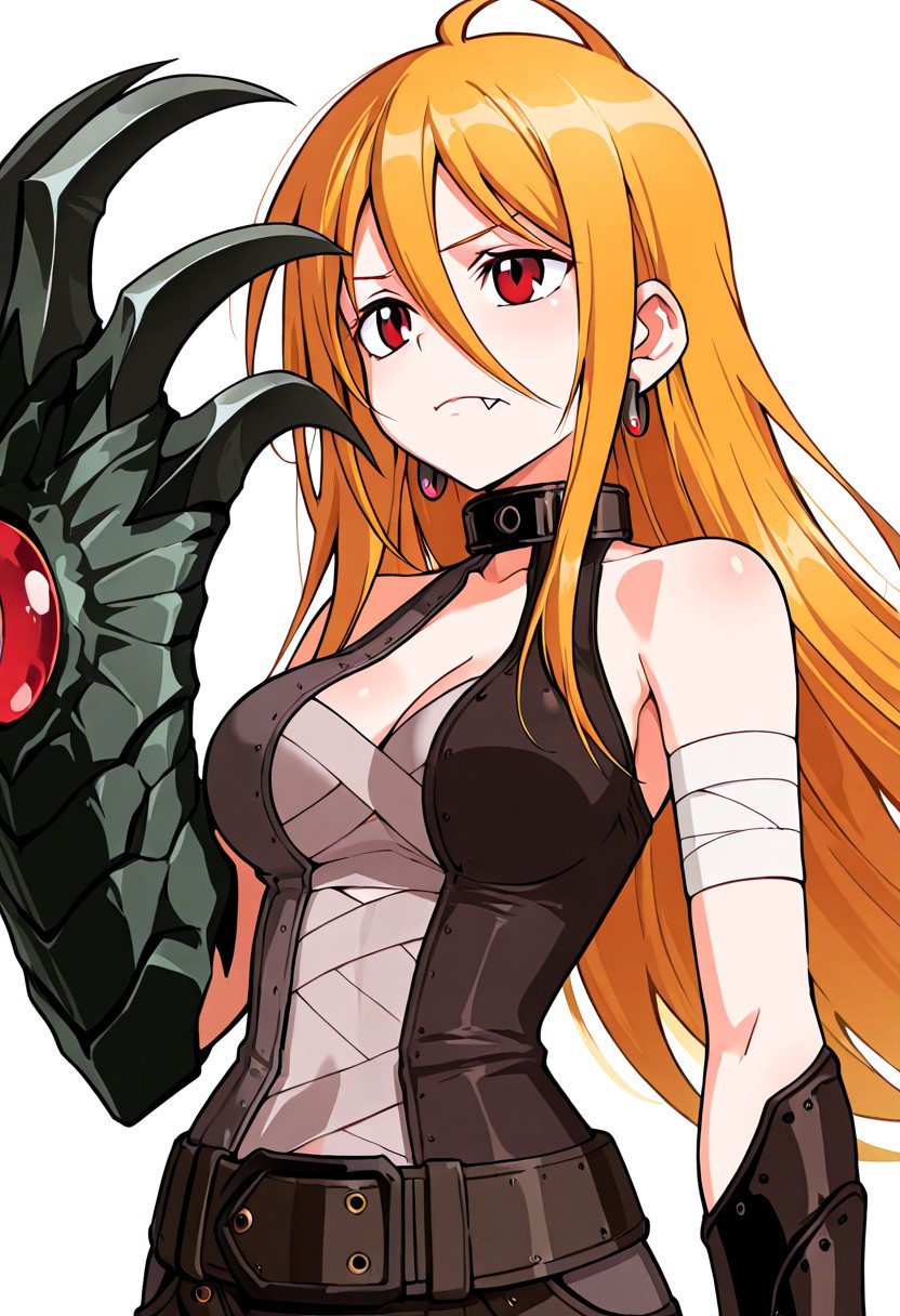 score_9, score_8_up, score_7_up, ASCII score_9, source_anime, 8K,best quality, hyper detailed,masterpiece, UHD,illustration,manga, kay, 2outfit, 1girl, solo, red eyes, blonde hair, long hair, white background, earrings, jewelry, fang, hair between eyes, simple background, breasts, fang out, belt, bandages, collar, bare shoulders, closed mouth, monster arm, mutated arm, clawed arm, oversized arm, detailed arm, oversized arm, detailed arm, one arm monster