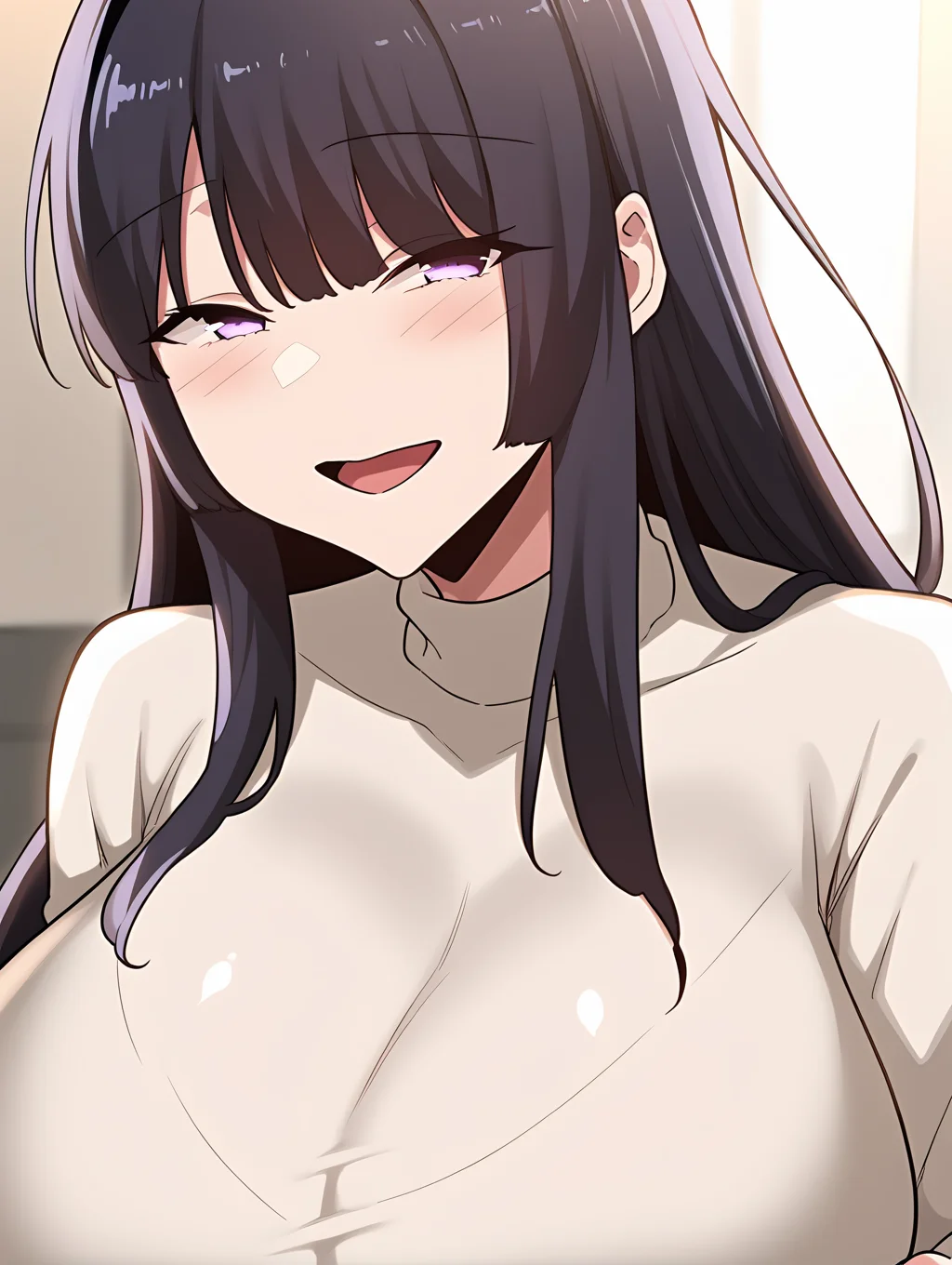 <lora:Eun_Jung_Lee:1> eunjung, long hair, breasts, black hair, 1girl, purple eyes, huge breasts, bangs, pose, , light smile, sweater dress,  seductive smile, open mouth, backlighting, on bed, shadow