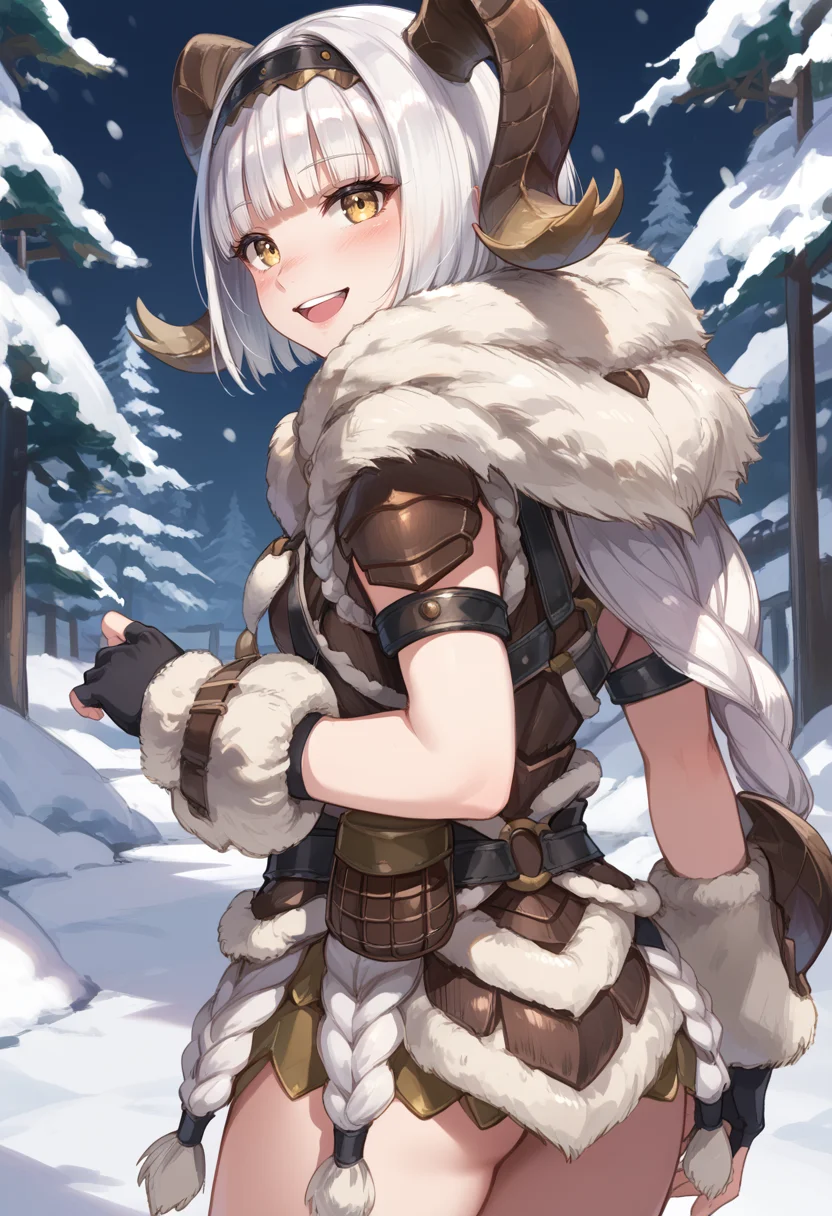 (score_9:0.9),score_8_up,score_7_up,rating_safe,anime style,(zPDXL),<lora:Banbaro beta armor ponyXL v1.2:0.75>,banbaro beta armor,1girl,solo,horn hairband,looking at viewer,smile,white fingerless gloves,open mouth,blush,white hair,yellow eyes,teeth,:d,cowboy shot,blunt bangs,long hair,short hair,snowing,snow,,from from behind, looking back,