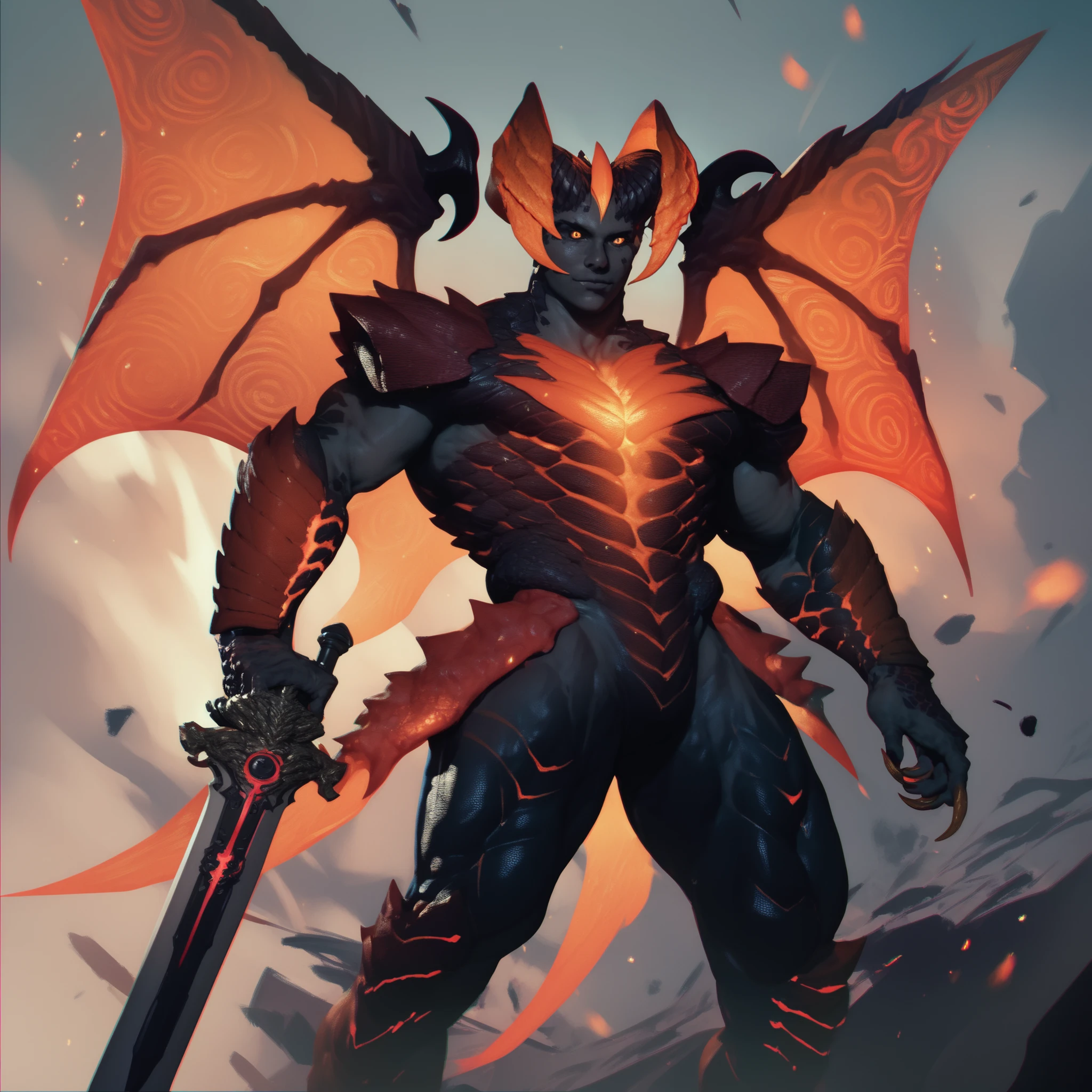 devil trigger, monster form, orange glow, ((colored skin, black skin, monster:1, armor, scales:1, demon, horns, holding sword, fire, wings), score:9, score:8, score:7