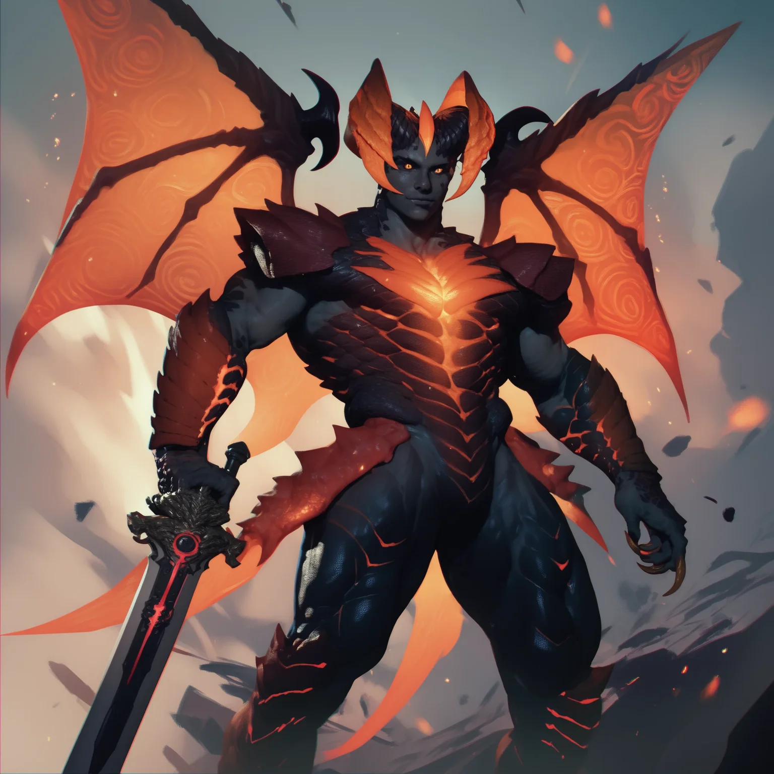 devil trigger, monster form, orange glow, ((colored skin, black skin, monster:1, armor, scales:1, demon, horns, holding sword, fire, wings), score:9, score:8, score:7