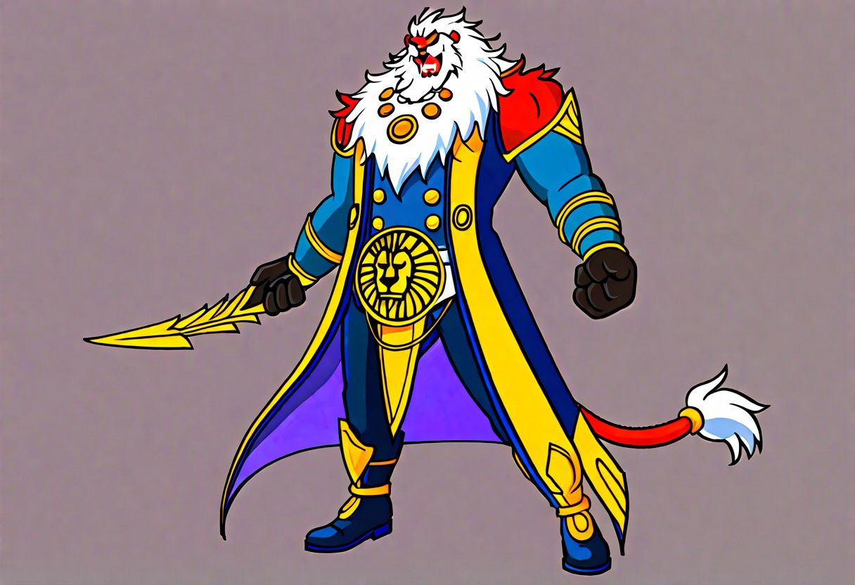 solo, male, furry, bara, lion face, lion tail, long white hair, long white Beard, Jewlery, long coat, rings, coat buttons, armor, pants, metal boots, crest belt, brown leather gloves, solderless sleeves red lion fur, red fur, red eyes, pointy hair, stern eyes, grin, sharp teeth