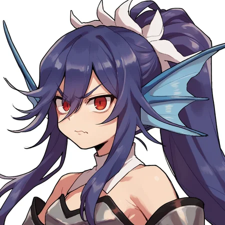 (score_9, score_8_up, score_7_up, score_6_up), source anime, BREAK,
 <lora:Ishiene:0.70> , ishdef, 1girl, red eyes, long hair, ponytail, purple hair, head fins, white collar, armor, (portrait), looking at viewer, angry, closed mouth, bare shoulders, <lora:3mpr3ss3XLP:0.6> , 3mpr3ss3,
