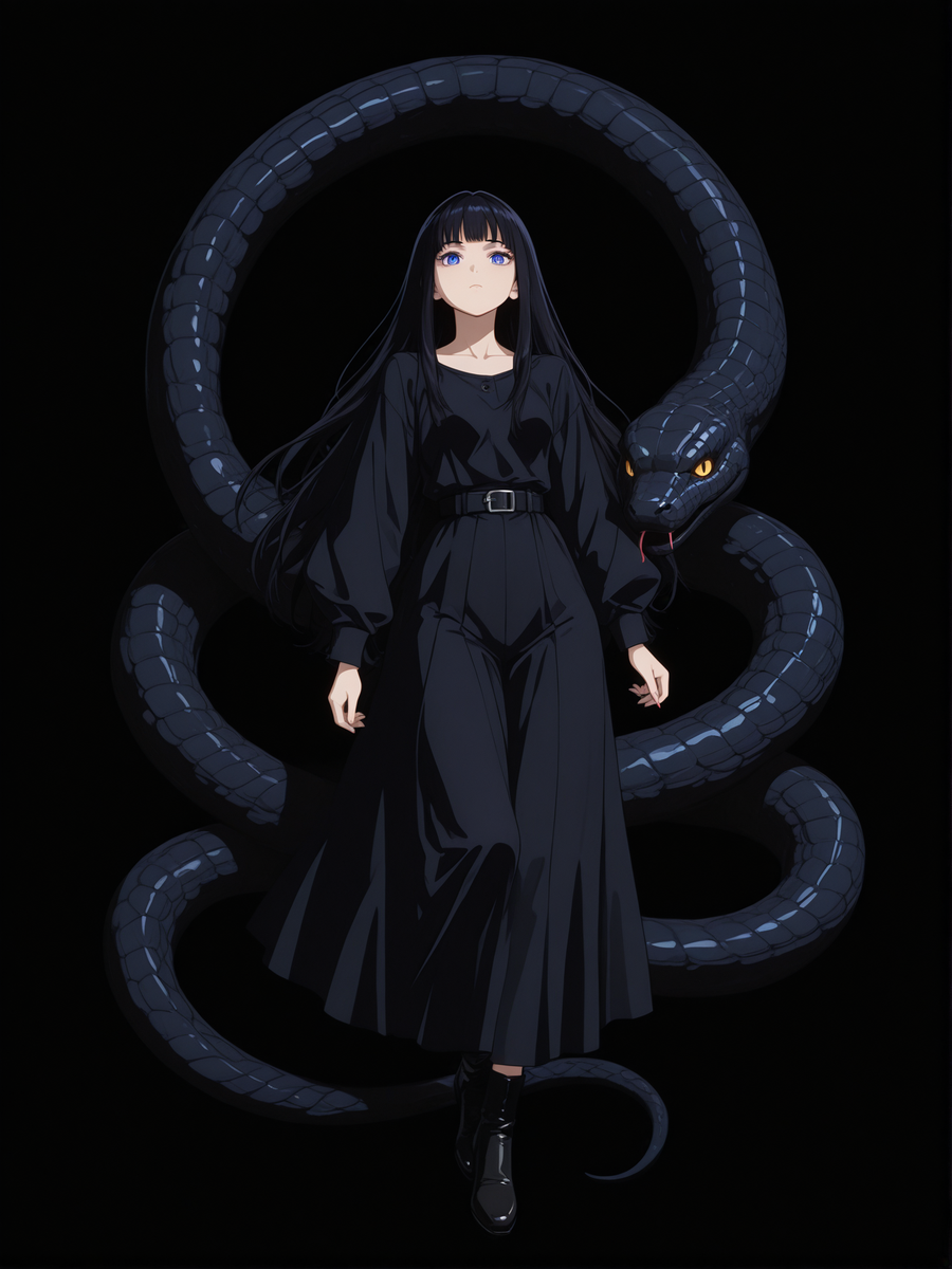 (black background, sssplashb, full body:1.2),   1girl, blue eyes, black hair, looking at viewer, animal, oversized animal, snake, solo, bangs, long hair,, dark, 