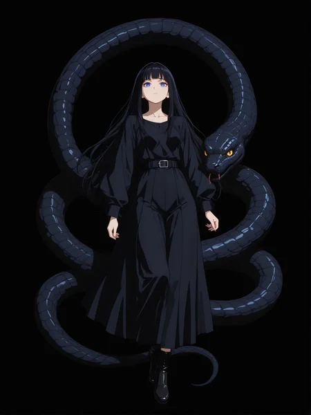 (black background, sssplashb, full body:1.2),   1girl, blue eyes, black hair, looking at viewer, animal, oversized animal, snake, solo, bangs, long hair,, dark, 