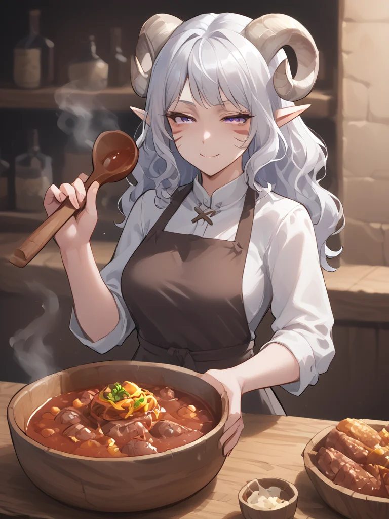 1girl, solo, source_furry, score_7_up, rating_safe, source_anime, anime face,
<lora:whisker_markings:0.8>red whisker_markings, silver long wavy hair, short pointy ears, purple eyes, <lora:age_slider_v4:0.6>
<lora:Test_Diana:0.8> tiefling_bard_diana,
<lora:Smooth Style 2 SDXL_LoRA_Pony Diffusion V6 XL:0.3> smile, open eyes, <lora:INKxXmo shaded face:0.6> Shaded FaceINKxXmo Dark Theme, cowboy shot, apron, serving, tavern,
<lora:Assume_the_position:0.8><lora:Tavern_stew:1> small tavern_stew , wood bowl, steam, wood spoon, meat, vegitable,