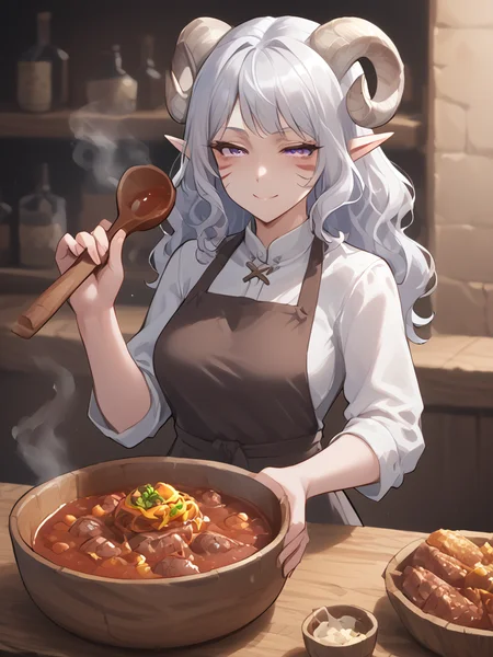 1girl, solo, source_furry, score_7_up, rating_safe, source_anime, anime face,
<lora:whisker_markings:0.8>red whisker_markings, silver long wavy hair, short pointy ears, purple eyes, <lora:age_slider_v4:0.6>
<lora:Test_Diana:0.8> tiefling_bard_diana,
<lora:Smooth Style 2 SDXL_LoRA_Pony Diffusion V6 XL:0.3> smile, open eyes, <lora:INKxXmo shaded face:0.6> Shaded FaceINKxXmo Dark Theme, cowboy shot, apron, serving, tavern,
<lora:Assume_the_position:0.8><lora:Tavern_stew:1> small tavern_stew , wood bowl, steam, wood spoon, meat, vegitable,