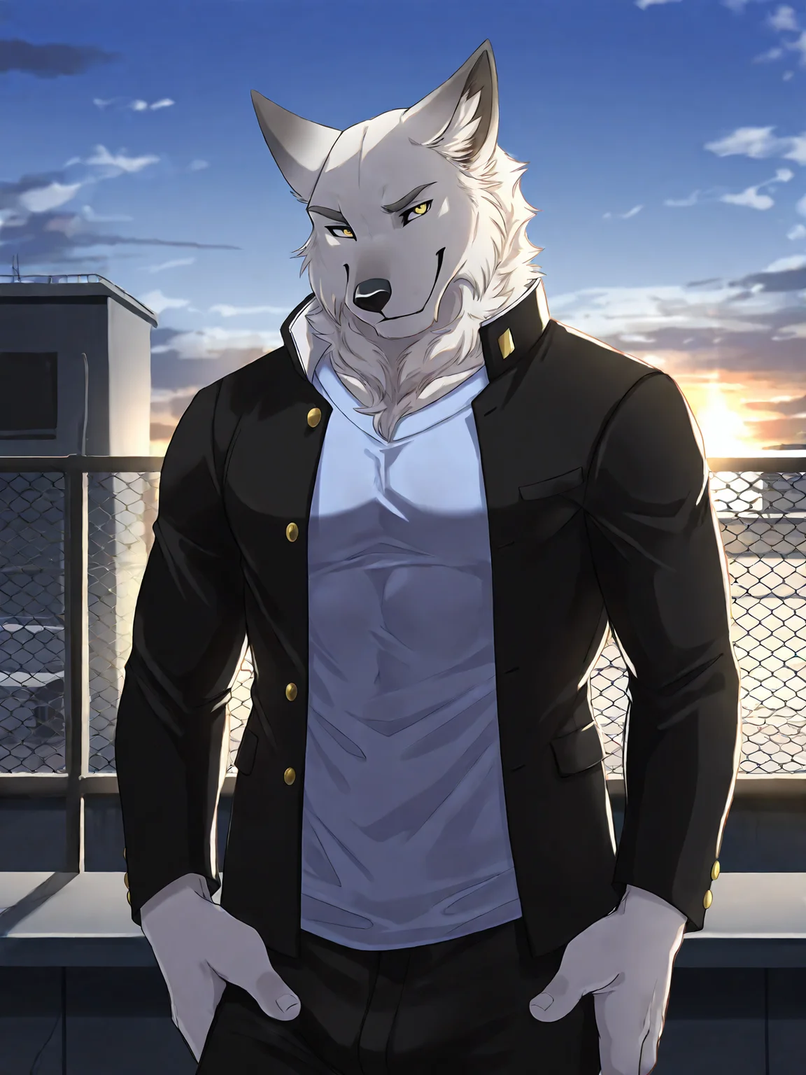 <lora:HarukiIL4:0.8>, haruki, yellow eyes, male, solo, dark blue gakuran, black pants, open jacket, blue shirt, rooftop,
BREAK masterpiece, best quality, amazing quality, very aesthetic,highres, absurdres, detailed background,