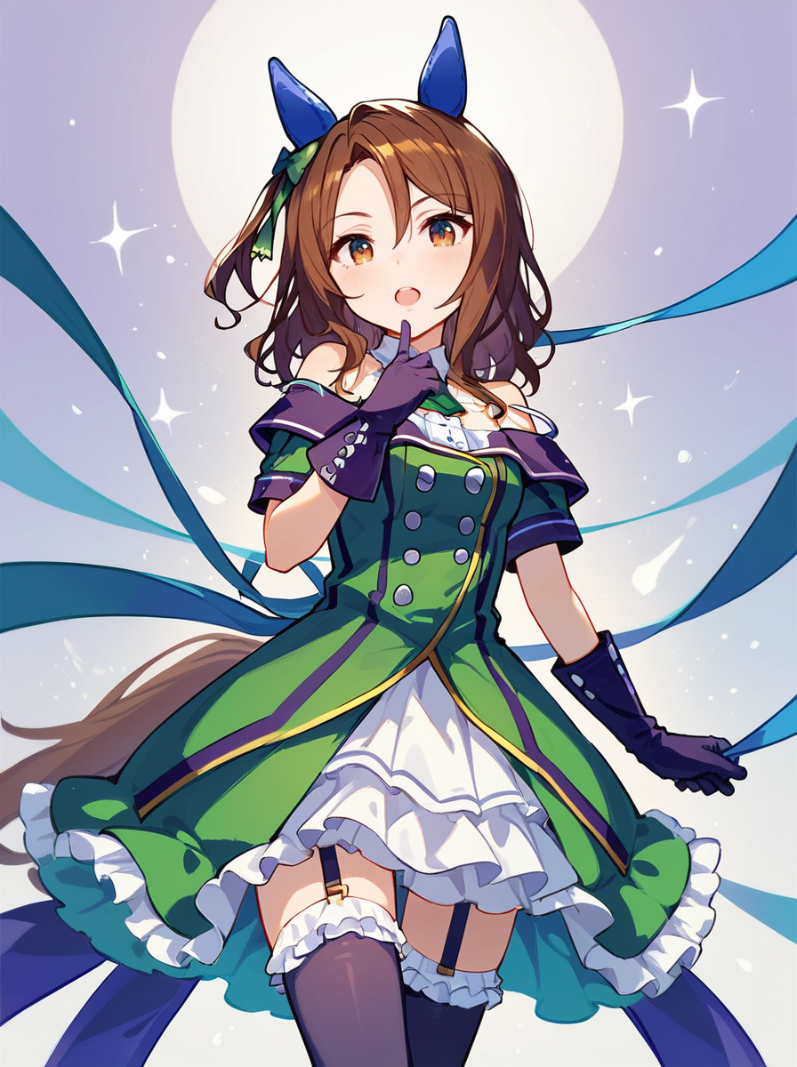 score_9, score_8_up, score_7_up, masterpiece,best_quality,
king halo \(umamusume\), 1girl, horse ears, dark purple gloves, ear covers, horse tail, purple thighhighs, short sleeves, off-shoulder green dress, white frilled dark purple thighhighs, dark purple thigh straps, green ear bow, blue ear covers, low back blue ribbon, skirt belt
cowboy shot,
 <lora:pony_king_halo_v1.02:0.8>
