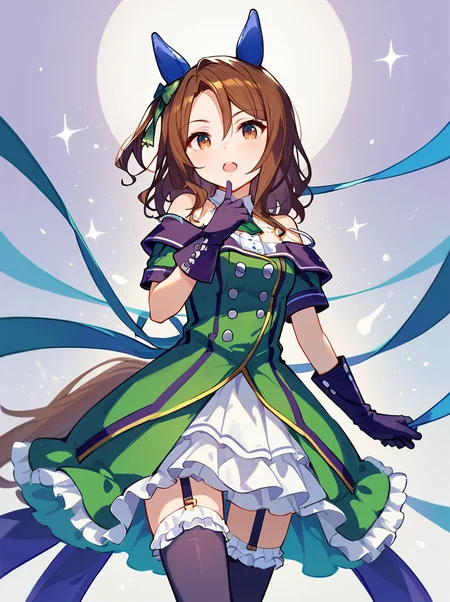 score_9, score_8_up, score_7_up, masterpiece,best_quality,
king halo \(umamusume\), 1girl, horse ears, dark purple gloves, ear covers, horse tail, purple thighhighs, short sleeves, off-shoulder green dress, white frilled dark purple thighhighs, dark purple thigh straps, green ear bow, blue ear covers, low back blue ribbon, skirt belt
cowboy shot,
 <lora:pony_king_halo_v1.02:0.8>