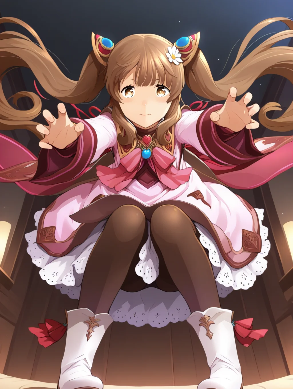 perfect quality,best quality,absolutely eye-catching,ambient occlusion,raytracing BREAK
1girl,<lora:rimuru rinnka IL v1.1:1>,rinnka,brown hair,twintails,hair ornament,pink dress,long sleeves,ribbon,lace trim,pantyhose,boots,front view,, perspective,full_shot,leaning_forward,claw_pose,outstretched_arms,m_legs,