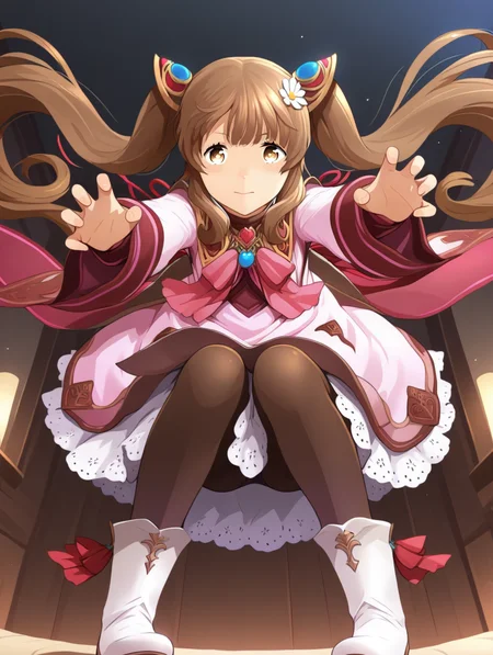 perfect quality,best quality,absolutely eye-catching,ambient occlusion,raytracing BREAK
1girl,<lora:rimuru rinnka IL v1.1:1>,rinnka,brown hair,twintails,hair ornament,pink dress,long sleeves,ribbon,lace trim,pantyhose,boots,front view,, perspective,full_shot,leaning_forward,claw_pose,outstretched_arms,m_legs,
