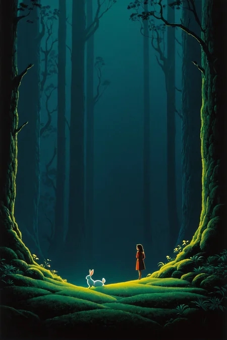by Eyvind Earle and Mark Keathleyin the style of Bess Hamiti, cute 18 year old woman and her bunny, movie still <lora:juggernaut_cinematic:1.00>