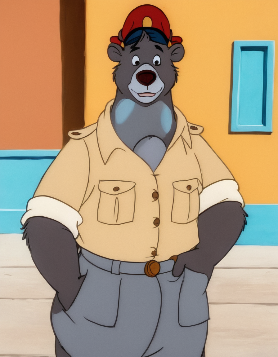 disney style cartoon,  <lora:TaleSpin_-_Baloo_2:0.8> 1boy, bear baloo, cartoon, face, furry, hat, male focus, peaked cap, red headwear, solo, yellow shirt, candy world of disney,( in art style Picasso:1.2), walking on the street,, ultra quality
