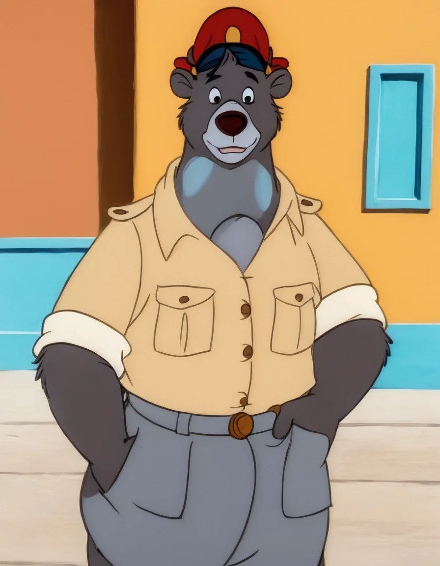 disney style cartoon, <lora:TaleSpin_-_Baloo_2:0.8> 1boy, bear baloo, cartoon, face, furry, hat, male focus, peaked cap, red headwear, solo, yellow shirt, candy world of disney,( in art style Picasso:1.2), walking on the street,, ultra quality