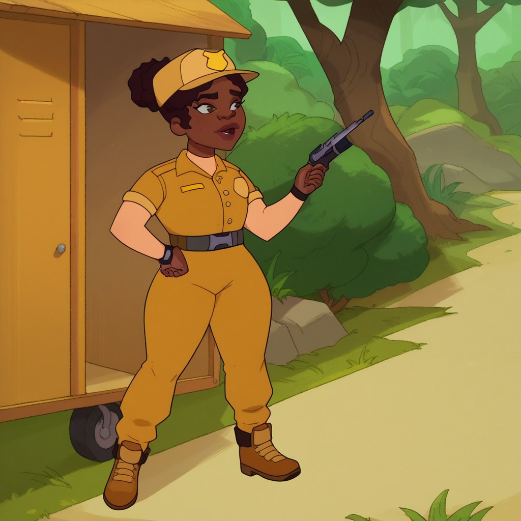 Depth of field.score_9_up, score_8_up, score_7_up, Kennedy, Dark Skin, Brown hair, Dark-skinned female,Park-Ranger Outfit, wide hips,