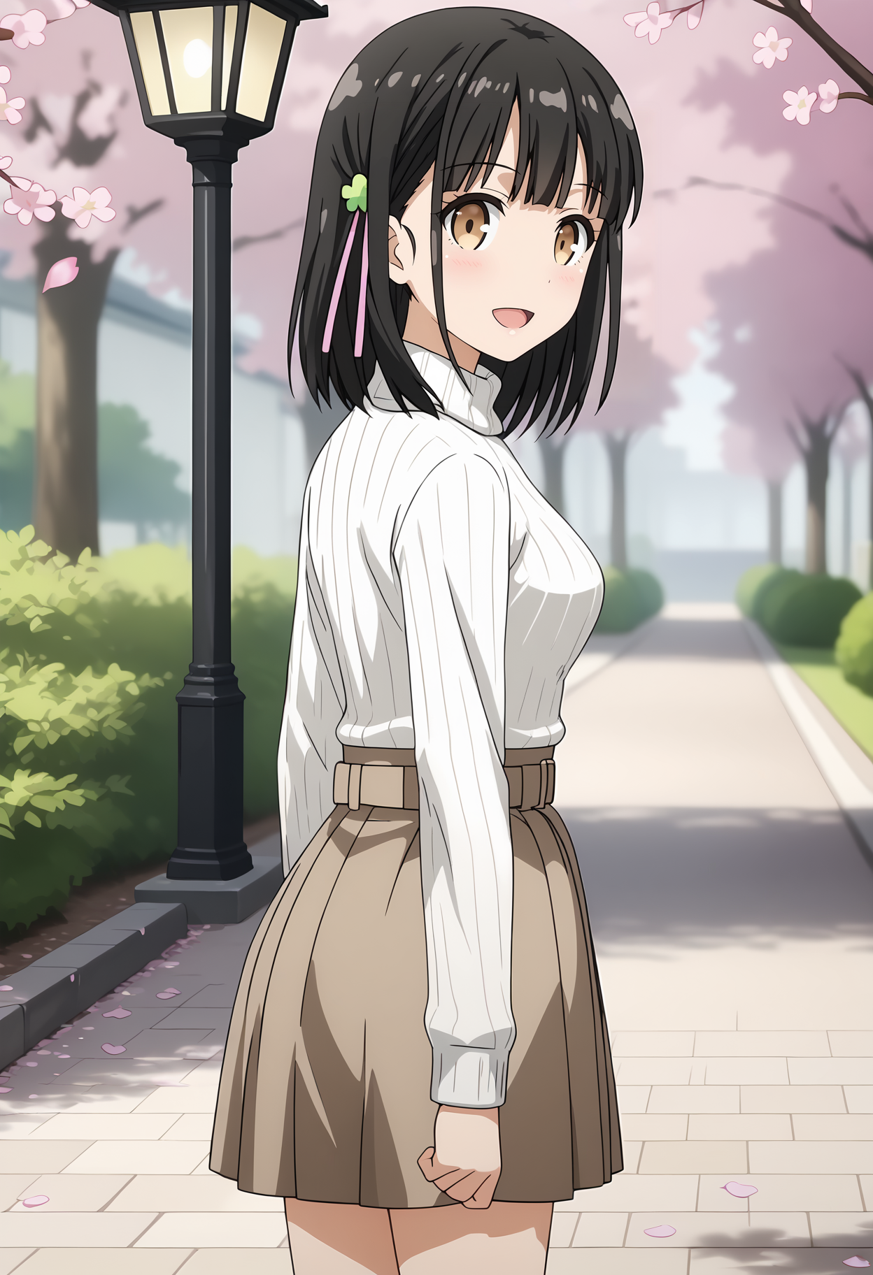 anime screencap,
<lora:OneRoom_HanasakaYuiXL:0.8>, HanasakaYui,
1girl, solo, open mouth, light smile,
medium hair, black hair, blunt bangs, brown eyes, clover hair ornament, hair ribbon,
YuiCasual, ribbed sweater, turtleneck sweater, white sweater, long sleeves, brown belt, high-waist skirt, brown skirt,
from side, from behind, looking back, cowboy shot, standing,looking at viewer,
cherry blossoms, park, street lamp, blurry background, petals, outdoors