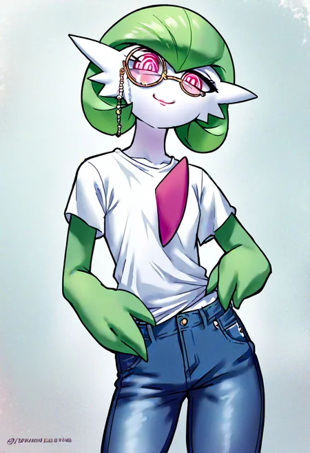 score_9_up, score_8_up, score_7_up, Score_6_up, Score_5_up, Score_4_up, source_anime, (masterpiece, perfectly detailed, detailed face, detailed eyes, beautiful eyes),  8K, extremely detailed, perfect face, PokeMaster_PS, gardevoir_pokemon, monocle, round eyewear, bob cut, colored skin, flat chest, green hair, multicolored skin, pink eyes, pokemon (creature),  two-tone skin, white skin, female, naughty face, wearing jeans pants, wearing loosen t-shirt, masterpiece