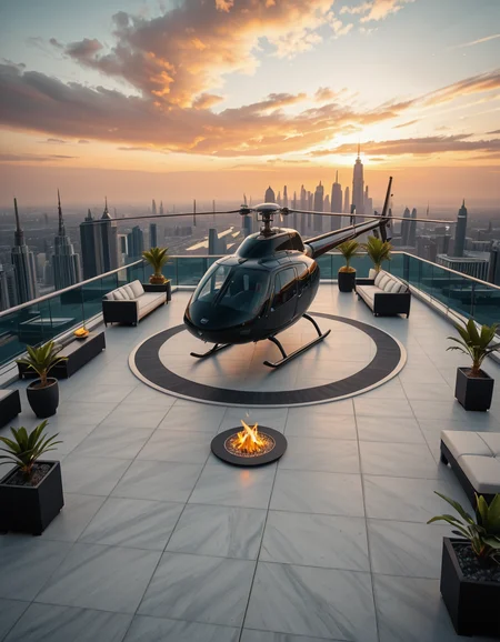 A high-resolution photo of a luxurious rooftop of a five-star hotel at sunset, featuring a sleek helipad with a high-end, matte-black private helicopter elegantly parked. The rooftop is designed with ultra-modern architecture, featuring a spacious terrace with infinity-edge glass railings, ambient lighting, and a panoramic city skyline in the background. The surface of the helipad is clean, polished concrete with clear illuminated markings. Surrounding the helipad, there are lounge areas with modern outdoor furniture, minimalist fire pits, and decorative planters with tropical greenery. The lighting is warm and golden, casting soft shadows and highlighting the contours of the helicopter and the textures of the rooftop. The sky is dramatic, painted with hues of orange, pink, and violet, creating a cinematic atmosphere of luxury and exclusivity. The overall mood is elite, calm, and aspirational, showcasing the ultimate in urban luxury lifestyle.
<lora:SDXLFaeTastic2400:0.4> <lora:extremely_detailed:0.4> extremely detailed,helipad r00ft0p <lora:helipad_r00ft0p-i:1>, Masterpiece,best quality,hi res,8k,hi res,8k,award winning,(sharp focus, intricate, highly detailed),