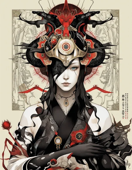 Art by Vvika. A surreal digital illustration shoot from a front camera angle about a surreal illustration featuring a woman with a large, abstract headpiece adorned with red and black elements and patterns. the image also shows a central figure in the middle of the image, a woman who appears to be in her mid-twenties, with long black hair, wearing a black and white outfit with intricate patterns. she is facing the viewer, looking directly at them with a neutral expression. her eyes are large and blue, and her face is covered by a black veil. on her head, two large, black snakes are intertwined, with one on each side and the other on the other. the woman's hands are adorned with black gloves, and she is wearing a necklace with a pendant. the background is a simple, beige color with abstract patterns and designs, and the overall style is reminiscent of japanese art with bold lines and geometric elements.