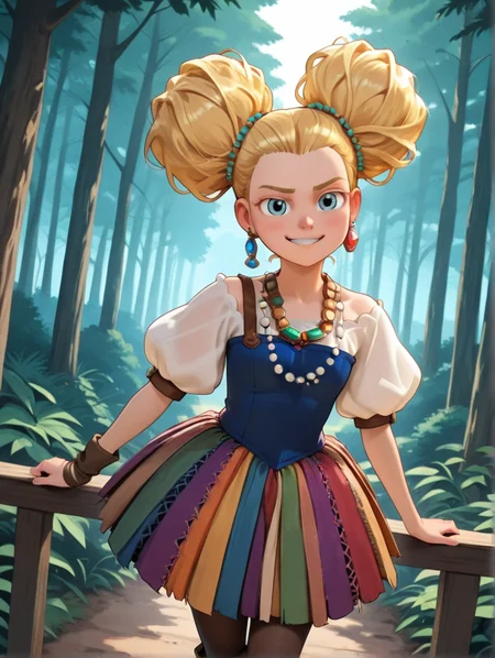 masterpiece, best quality, amazing quality, very aesthetic, absurdres, newest, detailed background, outdoors, dynamic angle, cartoon, cowboy shot, forest,
goldixd, 1girl, solo, jewelry, blonde hair, earrings, smile, striped, necklace, boots, puffy sleeves, hair bun, pantyhose, double bun, dress, standing, posing, blue eyes, looking at viewer, smirk, grin
<lora:Goldilocks_-_Dreamworks_Illustrious:1>
