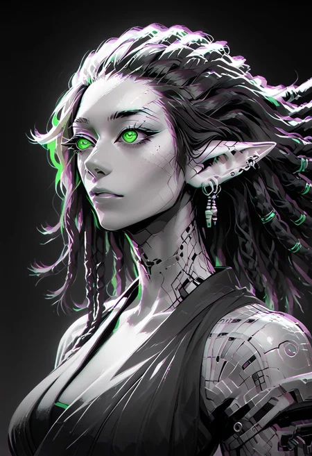 score_9, score_8_up, score_8, female, cel-shading, backlit, delicate features, very long hair, (dreadlocks), upper body, big breasts, techwear, cyborg, pointy elf ears, multiple ear piercings, techwear, dynamic pose, freckles, tan, colorvsgrey, monochrome, green glowing machine parts, hair oranments, kimono, electrical arcs,
