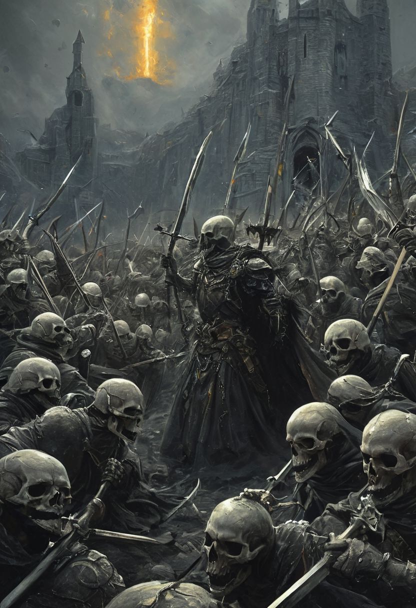 Completely Helm's fall absolutely nothing, pure black, detailed, but the Lord of the Rings of life are rising, FastNegativeV2,(Gandalf in white in the middle of the battlefield) ral-dissolve,(James Ensor,Unica Zurn,Zdzislaw Beksinki:1.25), Skeletons,Weeping statues, Paranormal,Apparition, (Metallics:1.1), (Shape:1.1), (Monotyping:1.1), (Strobe light:1.2), Stone, Rhombus, ultra detailed, intricate, oil on canvas, dry brush, (surrealism:1.1), (disturbing:1.1) <lora:khorne:0.7> <lora:methurlant:0.5>
The king's guards fell like wheat before the scythe, their cries of alarm silenced by the swift and merciless blades of the assassin knights. In the heart of the fortress, they confronted the tyrant king himself, a figure wreathed in shadows and crowned with a crown of thorns.
(A fierce battle ensued, the clash of steel and the crackle of dark magic filling the air with a palpable sense of impending doom). Sirah's daggers danced like silver serpents, finding their mark with unerring accuracy,